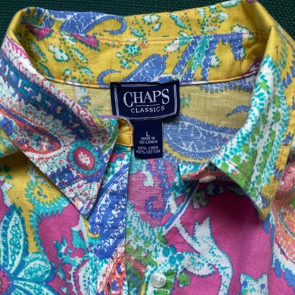 Chaps Classics Linen Blend Bright Paisley Button Up Blouse Women's Large - Picture 8 of 8
